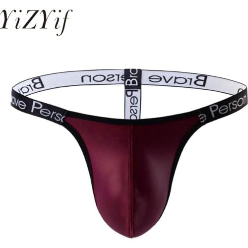 Mens Letter Print T-back G-string Thongs Panties Bulge Pouch Briefs Lingerie Low Waist Faux Leather Elastic Waistband Underwear