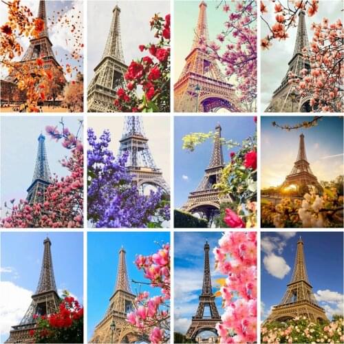 Huacan Diamond Painting Kit Eiffel Tower Scenery Home Decor Mosaic Cross Stitch Flower Building Landscape Wall Stickers