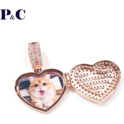 Custom Heart Shape Photo Necklace Solid back Goldplated HipHop Bling Iced Out Jewelry For Gift cuban chain