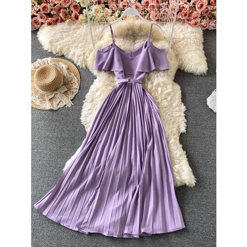 Summer Vintage Green/Beige/Purple Spaghetti Strap Pleated Long Dress Women Casual Off Shoulder Beach Party Vestidos 2021 New