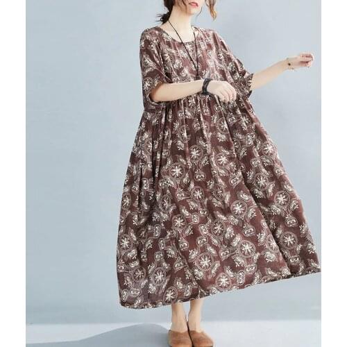 Plus Size Woman Pleated Dress Oversize 4XL 5XL 6XL Cotton Linen Maxi Dress Female Vintage Big Swing Boho Beach One Piece Dresses
