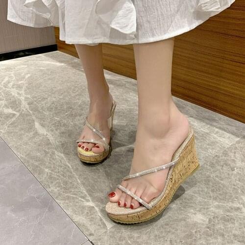 2021 New Summer Wedge Sippers Women High Heels Sandals Cross Strap Rhinestone Slippers Slope Heel Transparent Platform Slippers