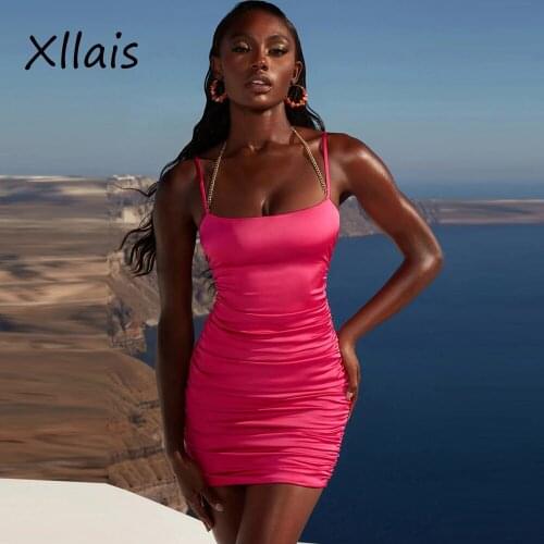 XLLAIS Ladies Spaghetti Strap Chain Bodycon Dress Sexy Pleated Halter Mini Outfits Birthday Wedding Club Party Robes 2021