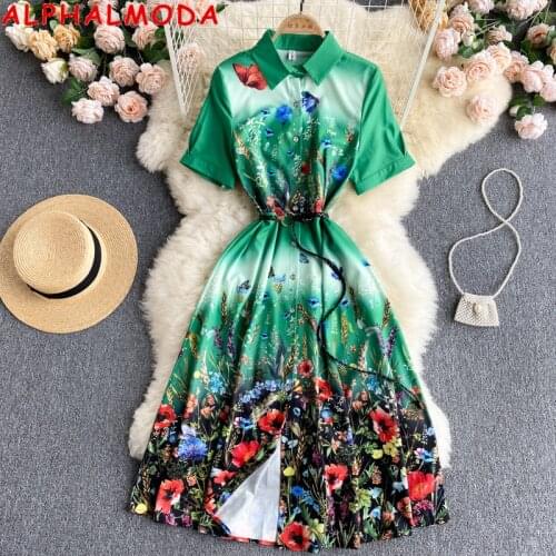 ALPHALMODA 2021 New Women Summer Dress Turn-down Collar Single Breasted Short-sleeved Fashion Shirt Dress