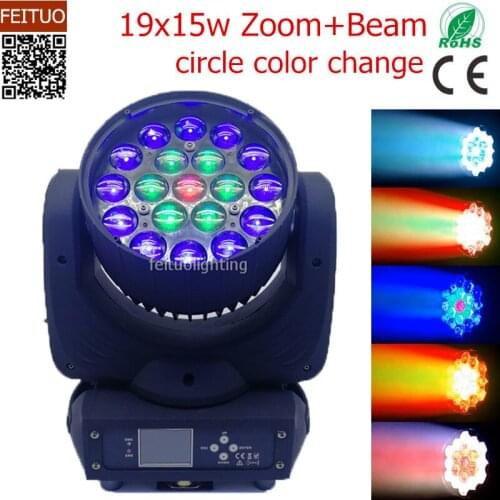 12PCS/LOT Circle Effeck 19x15w RGBW 4IN1 LED Beam Moving Head Zoom Wash DMX Control For Disco Party, Show