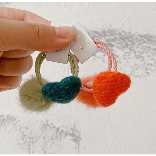 2 Pcs New Fashion Childrens Hair Accessories Sweet Girl Baby Simple Cute Candy Color Plush Love Hair Ball Rubber Band Hair Rope