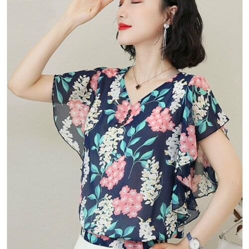 2019 Summer Fashion Mulheres Chiffon Blusas de Manga Curta Com Decote Em V Impresso Mulheres Roupas Casuais