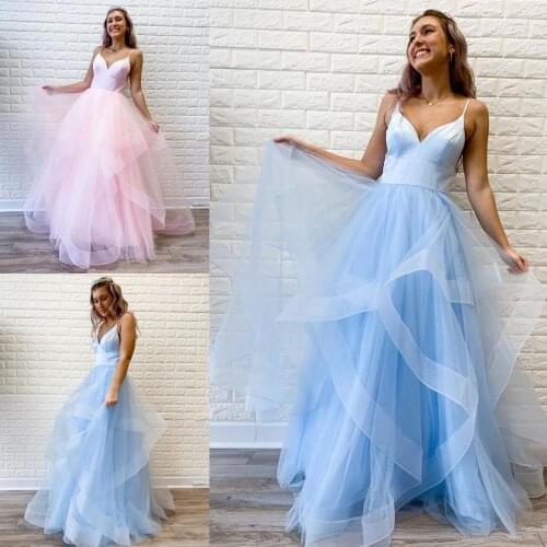 2020 Prom Dress Ruffle Tulle Ball Gown vestido de festa Spaghetti Neck Celebrity Inspired Long vestidos de fiesta de noche