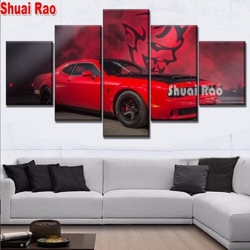 5 Panel Red Cool Sports Car 5d Diy Diamond Painting Cross Stitch Kits Diamond Multi-picture Mosaic Pattern Picture Decor