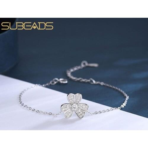 Subeads 925 Sterling Silver Crystal Three Leaf Flower Lucky Charms Bracelet For Women Link Chain Wedding Engagement Party