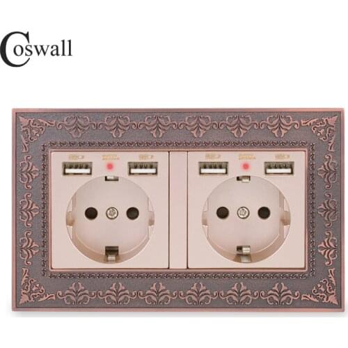 COSWALL 2 Gang Russia Spain EU Standard Wall Socket With 4 USB Charge Port Hidden Soft LED Indicator Vintage Zinc Alloy Frame