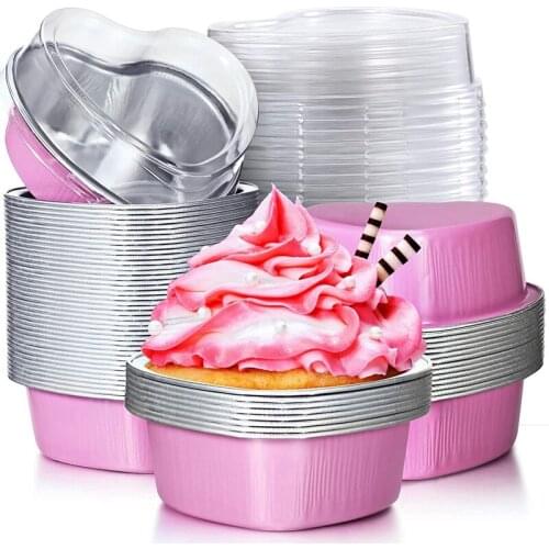 Valentine Aluminum Foil Cake Pan Heart Shaped Cupcake Cup with Lids,Mini Cupcake Cup Flan Baking Cups with Lid