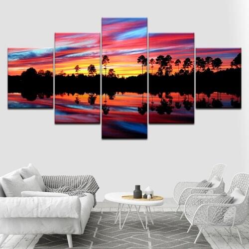 Canvas Wall Art Pictures Modern 5 Panel Blue Colorful Red Reflection Sunset Tree Yellow Living Room Decor Print Poster Painting