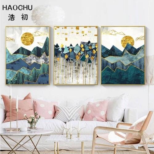 HAOCHU Golden Sun Art Poster Print Picture Nordic Abstract Geometric Mountain Landscape Art Canvas Painting for Living Room