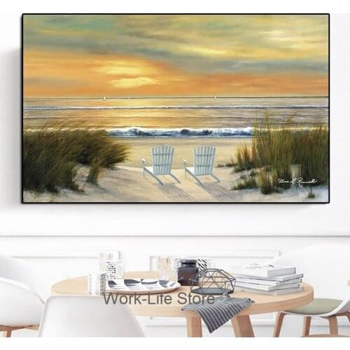 Sunset Sandy Beach Posters and Prints Sea Landscape Canvas Painting Wall Art Pictures for Living Room Coastal Art Decor No Frame