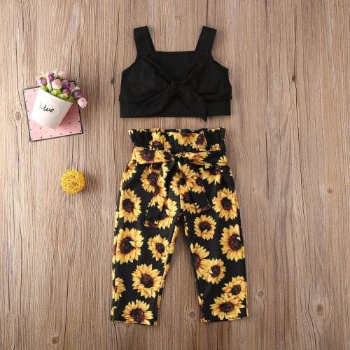Toddler Baby Girl Bowknot Short Vest Tops T-shirt Sunflower Pants Outfits Clothes Age For 1-6 Years