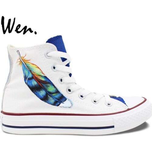 Wen Original White Hand Painted Shoes Design Custom Feather Men Womens High Top Canvas Sneakers Birthday Gifts