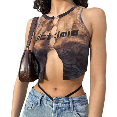 2021 Summer Womens Crew Neck Tank Tops Sexy Sleeveless Letter Tie Dye Print Hollow Out Crop Tops