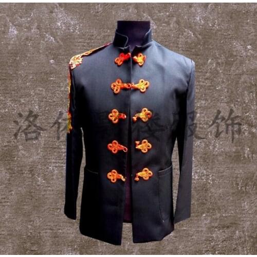Men Chinese Tunic Suits Designs Stage Costumes For Singers Men Blazer Dance Wedding Bridegroom Clothes Jacket Style Dress Black