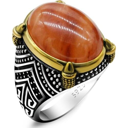 Brand New 925 Sterling Silver Men’s Natural Quartzite Ring, Vintage Engraving Design, With Black Zircon Punk Rock Men’s Ring T