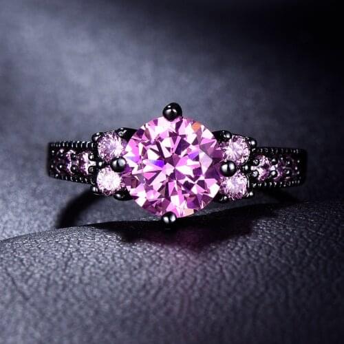 Luxury Female Pink Crystal Stone Jewelry Vintage 14KT Black Gold Engagement Rings For Women Punk Bride Round Zircon Wedding Ring