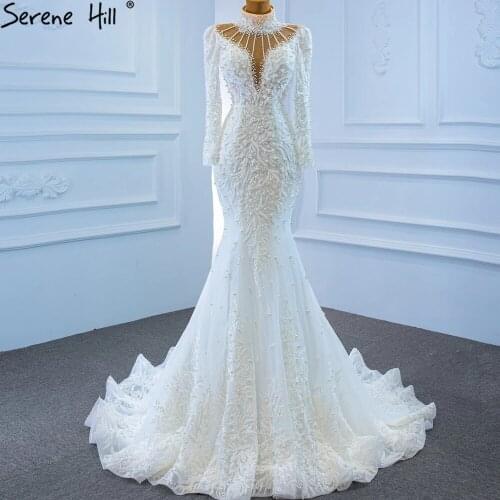 Serene Hill Muslim White Mermaid Wedding Dresses Gowns 2021 Luxury Elegant Beading Pearls Bride Dress HM67219 Custom Made