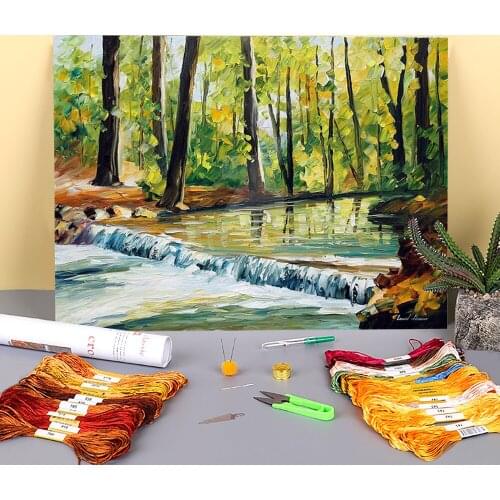 Spring Stream Printed Fabric 11CT Cross Stitch Patterns DIY Embroidery DMC Threads Knitting Sewing Painting Adults