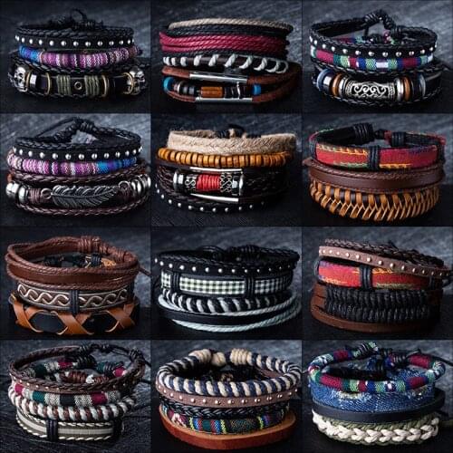 Vintage Multi-storey Rope Leather Bracelet Bangle Mens Fashion Handmade Weave Bracelet Set Jewelry Gifts Fashion Accessories