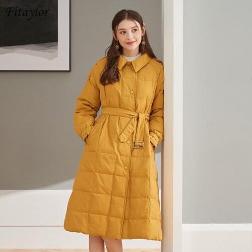 New Winter Women Turn Down Collar Single Breasted White Duck Down Long Parkas with Belt Loose Beige Snow Coat Outwear