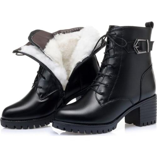 2020 New 100% Natural Full Cowhide Leather Boots Womens Boots Non-slip High Heels Warm Wool / Plush Winter Snow Boots Plus Size