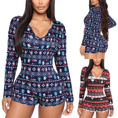 Women Christmas Printed Romper Adults Slim-fit Long Sleeve V-neck Playsuit Red Blue