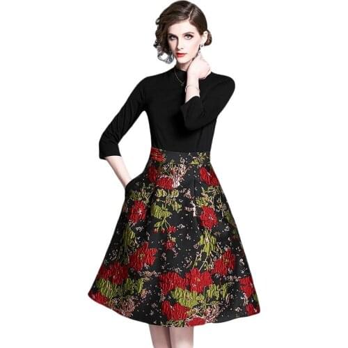 BunniesFairy 2020 Spring Women Hepburn Vintage Elegant Flower Floral Jacquard Patchwork A-Line Black Midi Dress Half Sleeve