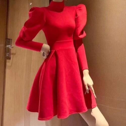 MUMUZI Winter red christmas Dress Women turtleneck Long Sleeve lantern sleeve Knit mini Dress female girl short tulle dresses