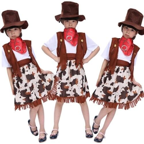 6pcs Xmas Cosplay Cowboy Costume for Kid Cowgirl Costume for Child with Hat + Scarf + Vest + Skirt + Short Sleeve + Belt