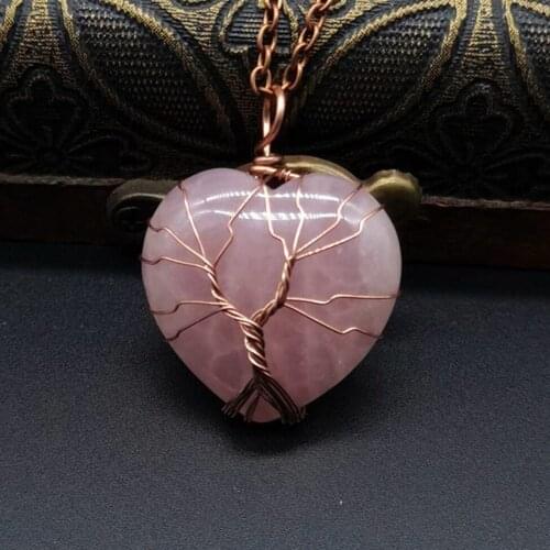 6pcs Kabbalah Tree of Life Necklace Natural Stone Crystal Wrapped Heart Pendant Necklace Energy Healing Women Jewelry 30*40mm