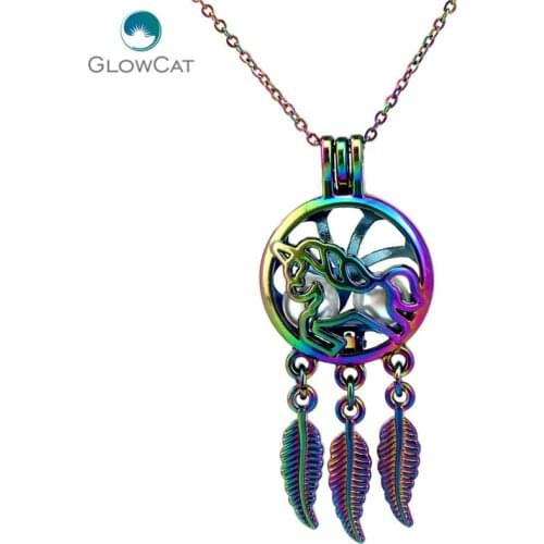 C751 Rainbow Color Dream Catcher Lovely Unicorn Leaf bead cage Necklace Pendant Aroma Essential Oil Diffuser Locket Necklace