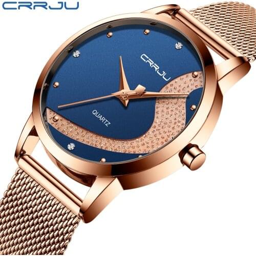 CRRJU New Watch for Women Top Brand Luxury Rose Gold Business Wristwatch Ultra-thin Mesh Steel Waterproof Quartz reloj mujer