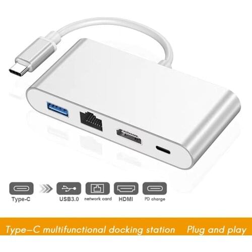 USB C Hub 4 in 1 Type-C Docking Station HDMI-Compatible+USB3.0+PD+RJ45 USB C Splitter for PC Laptop
