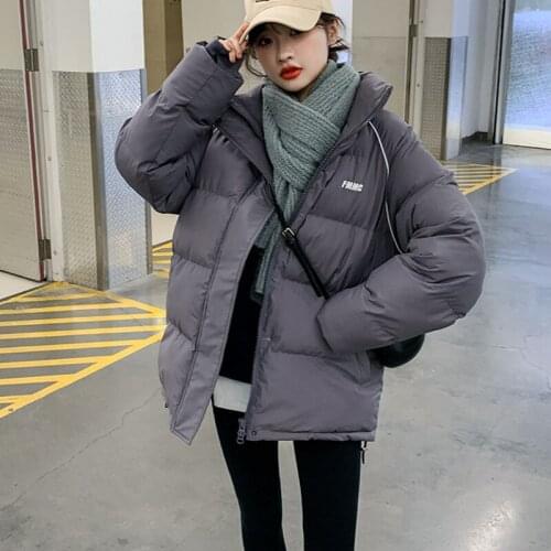 Hstar Cotton Jacket Short Female 2021 Winter New Korean Version Loose Hong Kong Style Thick Warm Cotton Jacket Lovers Coat