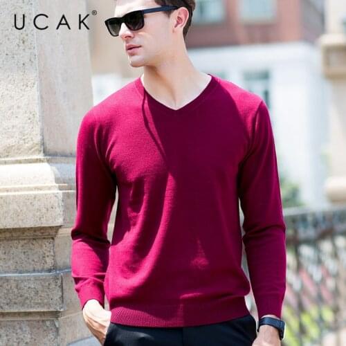 Pure Merino Wool Classic V-Neck Men Sweaters Pull Homme UCAK Brand Autumn Winter New Fashion Streetwear Soft Sweaters U3005