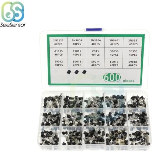 600Pcs 15Values x 40 Pcs TO-92 Transistor Assortment Box Transistors Kit 2N2222 2N3904 2N3906 C945 S8050 S8550 S9014 S9013 9018