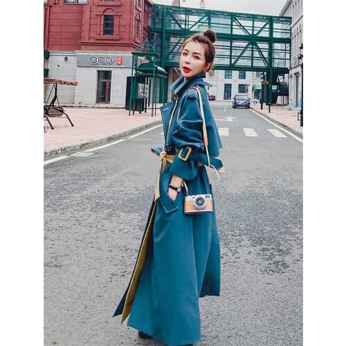 2020 Autumn New Drape Windbreaker Womens Mid-Length Over-The-Knee Ultra-Long Design Spring Trendy Jacket Fake 2 Piece k1325