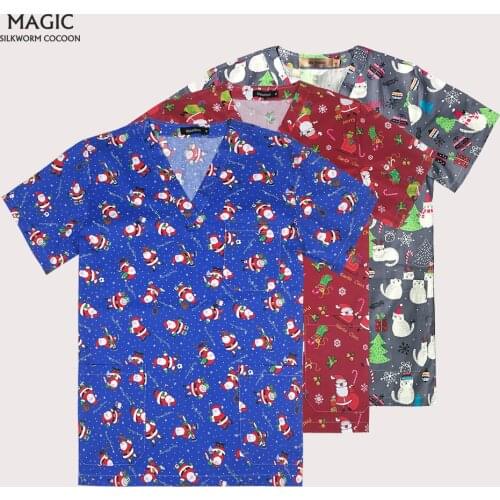 New Christmas Print Scrub Tops Match Bouffant Sanitary Scrubs Cap with Sweatband Beautician Scrubs Pants Pet Grooming Workwear