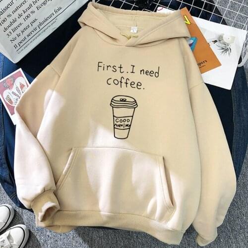 Autumn Winter Women Harajuku Hoodies First I Need Coffee Letter Sweatshirt Long Sleeve Turtleneck Fleece Girls Pullover