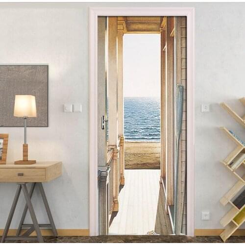 Open Door To The Sea Art Door Sticker Picture 3D Wall Murals Pvc Self-Adhesive Wall Stickers Wallpaper Decals Home Decor Poster