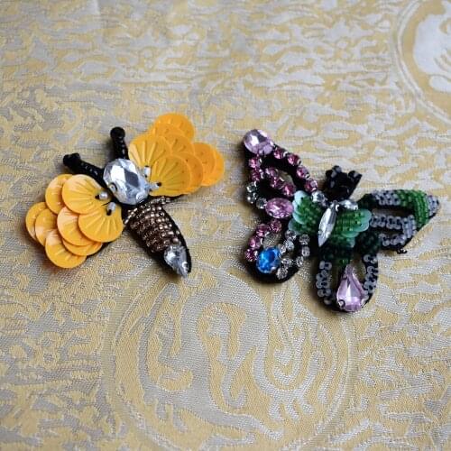 Bees sequins Rhinestones bead brooch patches applique sew on beading butterfly Applique clothes shoes bags decoration patch DIY