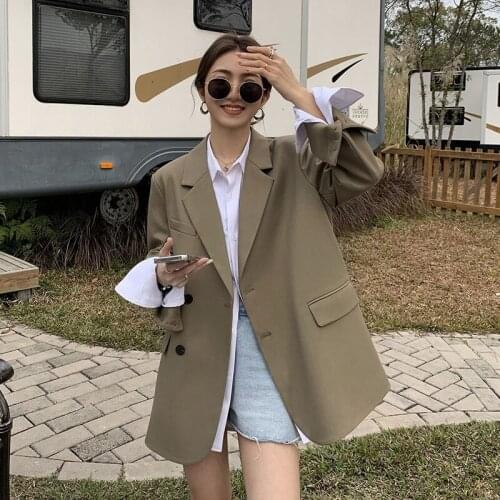 JA0023 Loose Temperament Womens Solid Loose Blazer Casual New Notched Single-breasted Suit Jacket With Pockets куртка женская
