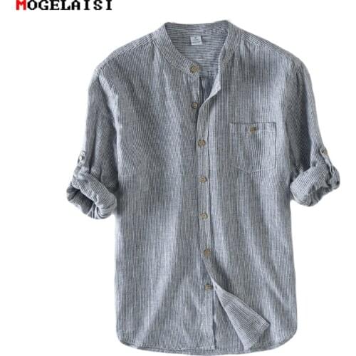 Men Shirt Flax 55% Striped Stand Neck Mens Shirts Linen Cotton Full sleeve Flax Shirt Men Clothing Pocket Asian size S-3XL