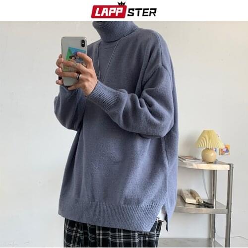 LAPPSTER Men Solid Colorful Turtleneck Sweater 2021 Mens Harajuku Knitted Vintage Pullovers Male Oversized Korean Y2k Sweaters