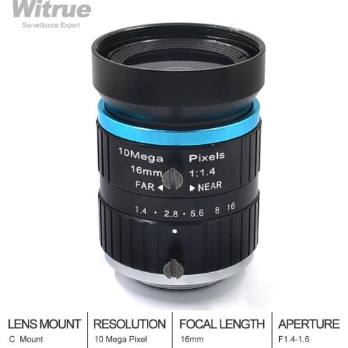 Witrue 10MP 16mm C Mount Professional Low Distortion Industrial Machine Vision Lens F1.4-1.6 for HD Camera